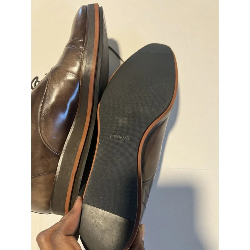 Prada leather Shoes Men 10 Brown Lace Oxford - Picture 5 of 12